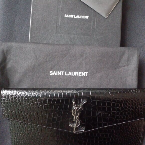 Uptown embossed leather clutch in black - Saint Laurent  YSL crocodile embossed clutch